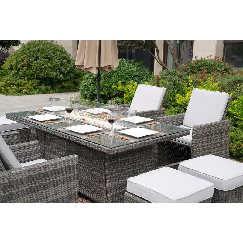 9-Piece Patio Wicker Rectangle Firepit Table with Chairs and Ottomans