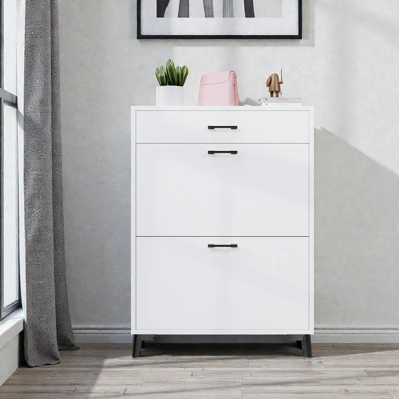 Shoe Storage Cabinet with 2 Flip Drawers, Freestanding Hidden Shoe Organizer with Metal Legs for Entryway
