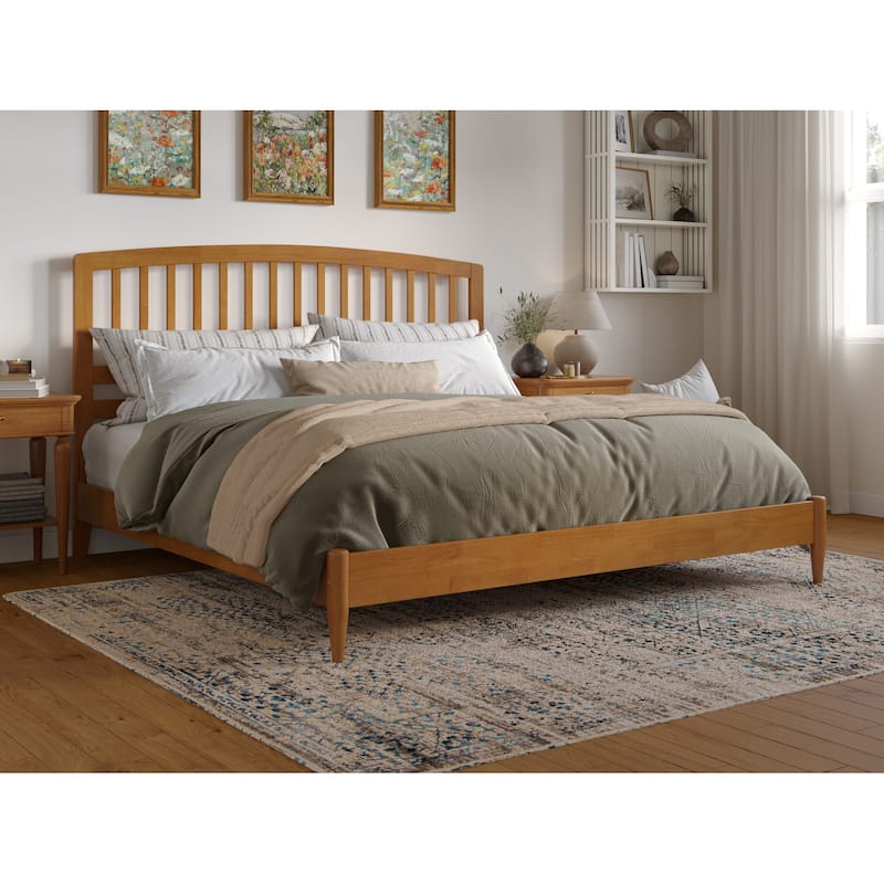 King Size Wood Platform Bed - Low Profile Modern Design, Light Toffee Finish