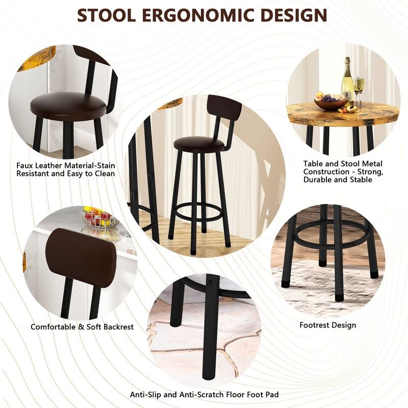 3 Piece Pub Dining Set, Kitchen Counter Height Bistro Set, Round Bar