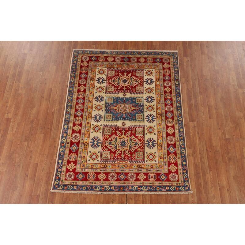 Geometric Kazak Oriental Area Rug Hand-Knotted Grey Wool Carpet - 4'10" x 6'5"