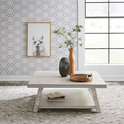 Modern Farmhouse Flea Market White Distressed Oversized Square Cocktail Table