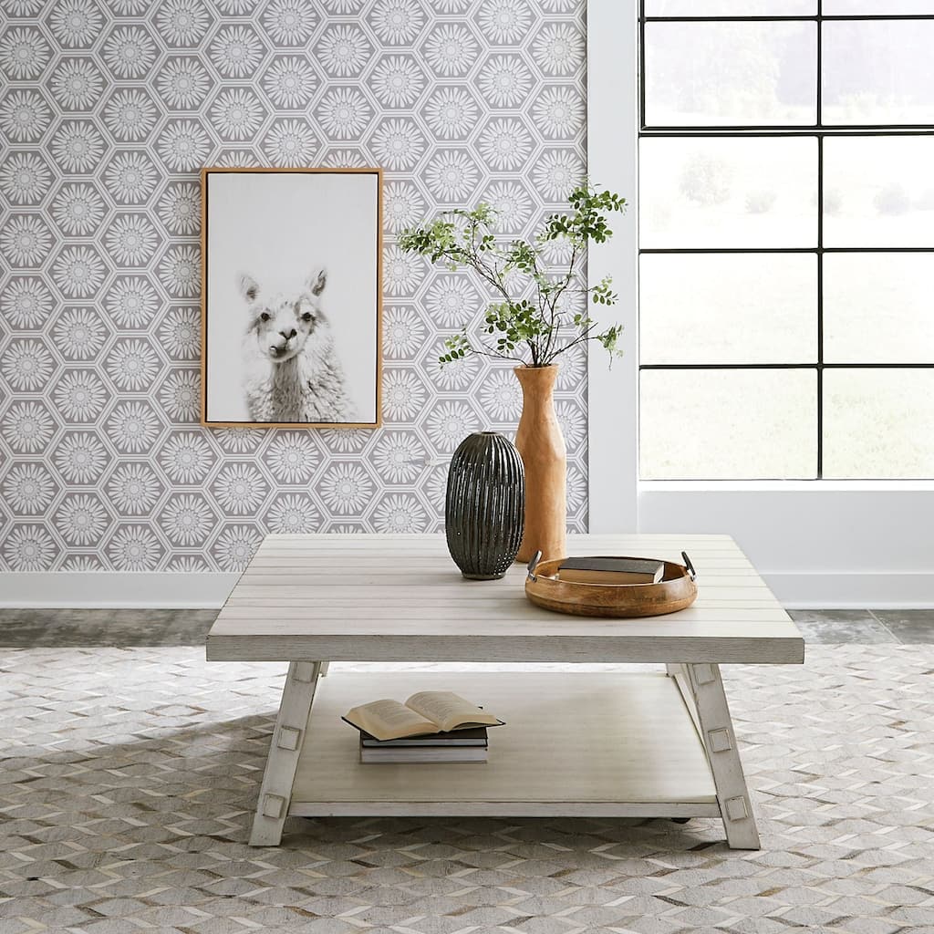 Modern Farmhouse Flea Market White Distressed Oversized Square Cocktail Table