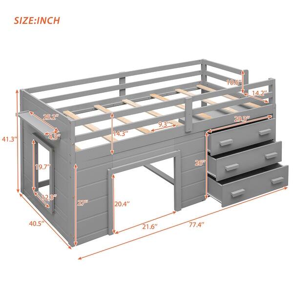 dimension image slide 4 of 6, Twin Low Loft Bed wPlayhouse, Shelf, Drawers, Window, Ladder, Guardrail