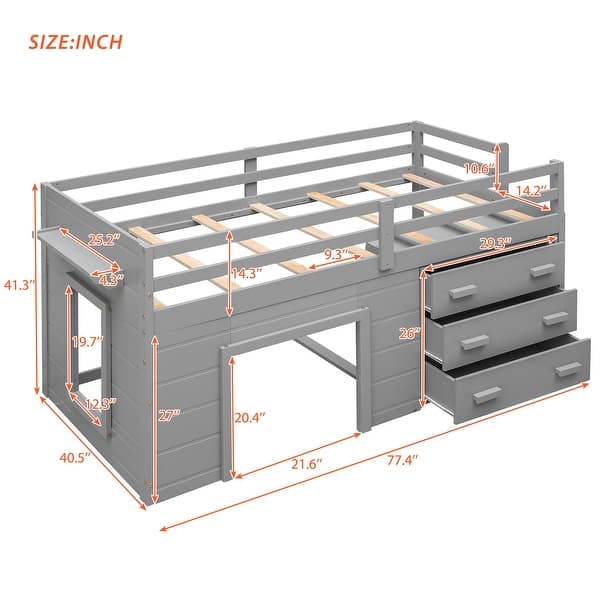 dimension image slide 0 of 2, Twin Size Loft Bed with Cabinet and Shelf, Grey
