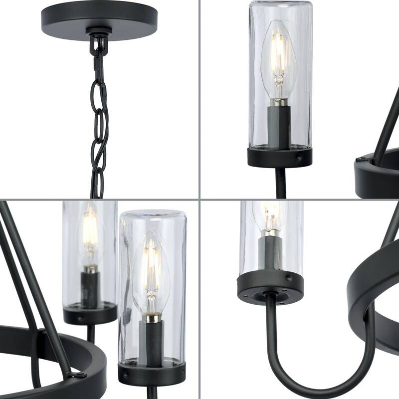Swansea Collection Four-Light 24" Matte Black Transitional Round Outdoor Chandelier with Clear Glass Shades