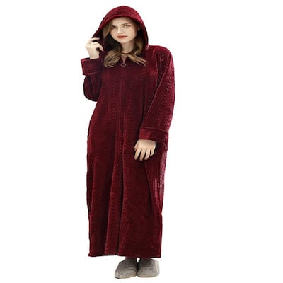Long Hooded Zipper Bathrobe for Womens