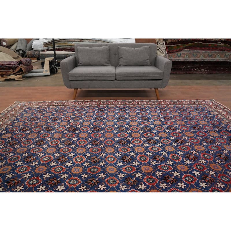 Hand Knotted Oriental 100% Wool Carpet Traditional All-Over Navy Blue & Blues Isfahan Area Rug - 10' 5'' X 7' 1''
