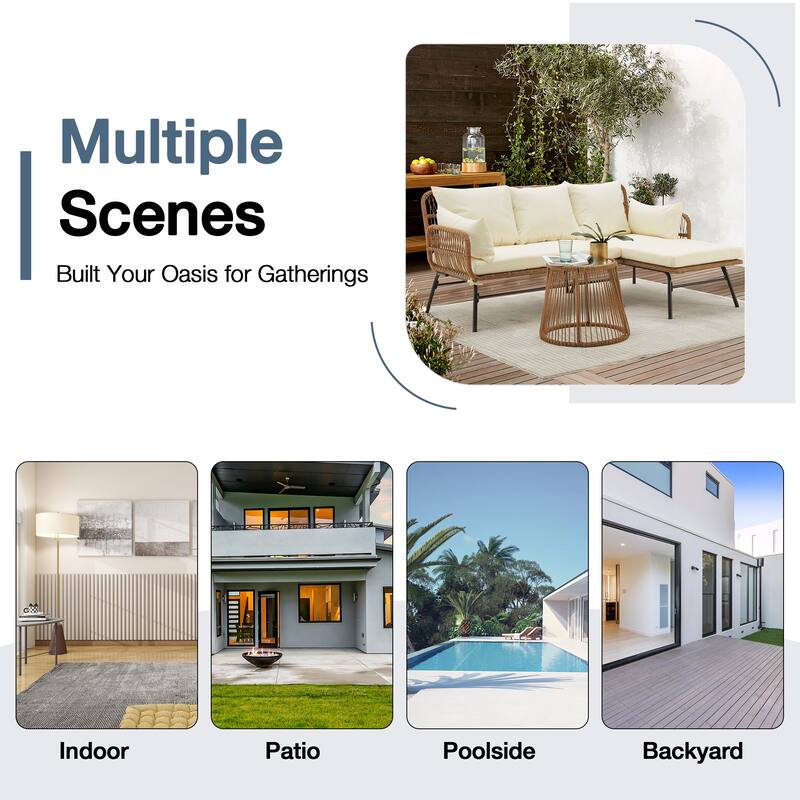 Sectional Wicker Conversation Sofa Set, 3 Piece Patio Furniture Set with Thick Cushions and Toughened Glass Coffee Table
