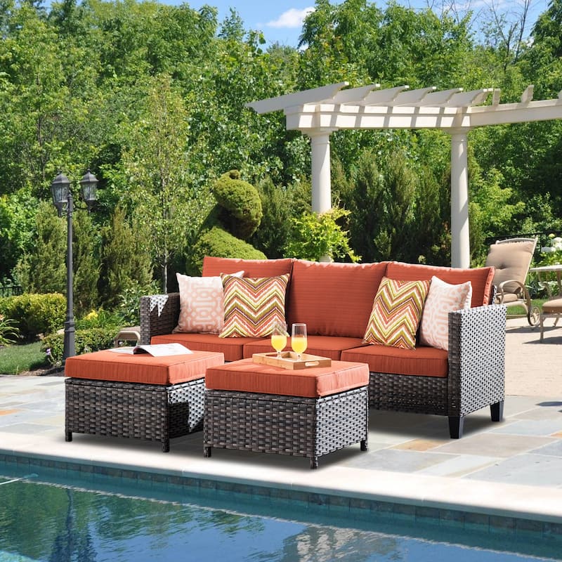 OVIOS 3-piece Outdoor Wicker Conversation Ottoman Set - Red/Orange