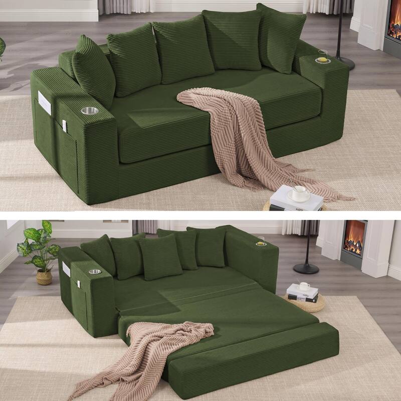 2-in-1 Convertible Sleeper Sofa, Floor Folding Couch, Sofa Bed with Side Pocket, Pull Out Loveseat with Cup Holders