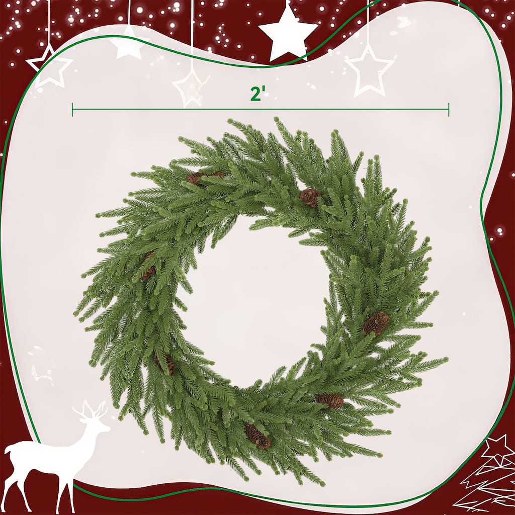 HOMCOM 24in Xmas Wreath: Pine Cones, 88 Branches, Artificial Norfolk Pine, Indoor Decor