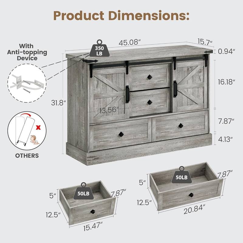 Farmhouse 4 Drawer Dresser for Bedroom 45" Wood Dressers with Sliding Barn Doors TV Stand