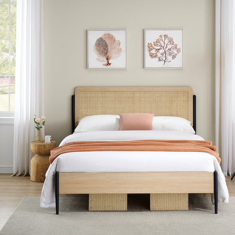 Metal Bed Frame with Curved Natural Rattan Headboard, No Box Spring Needed - Queen