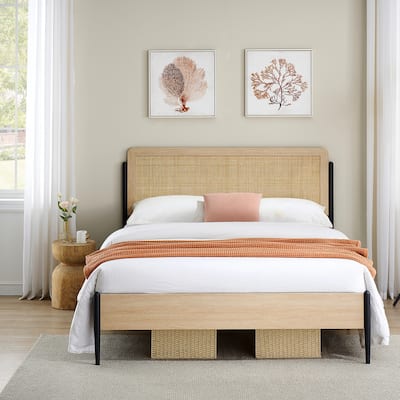 Metal Bed Frame with Curved Natural Rattan Headboard, No Box Spring Needed