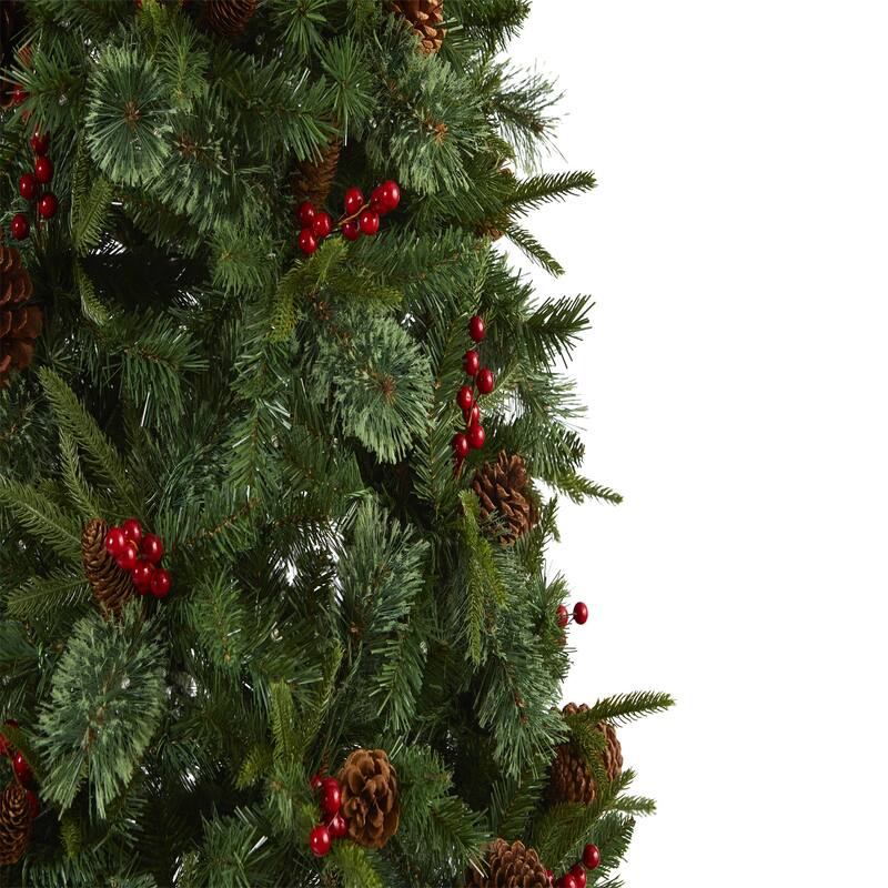 Southwestern Artificial Christmas Tree - 7.5ft Pine Tree with Clear Lights, Pine Cones & Berries - Holiday Decor - Green - 90