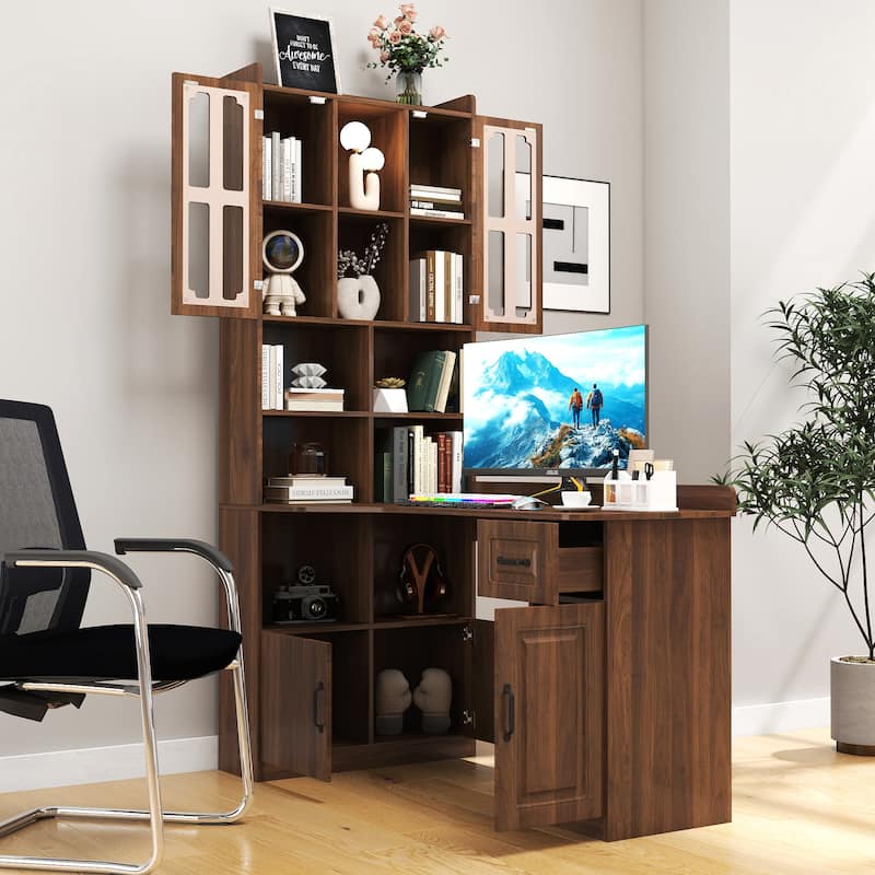 L-Shaped Corner Computer Desk,Study Modern Style Table With Drawers,Bookshelf & Hutch,2-In-1 L-Shaped Design