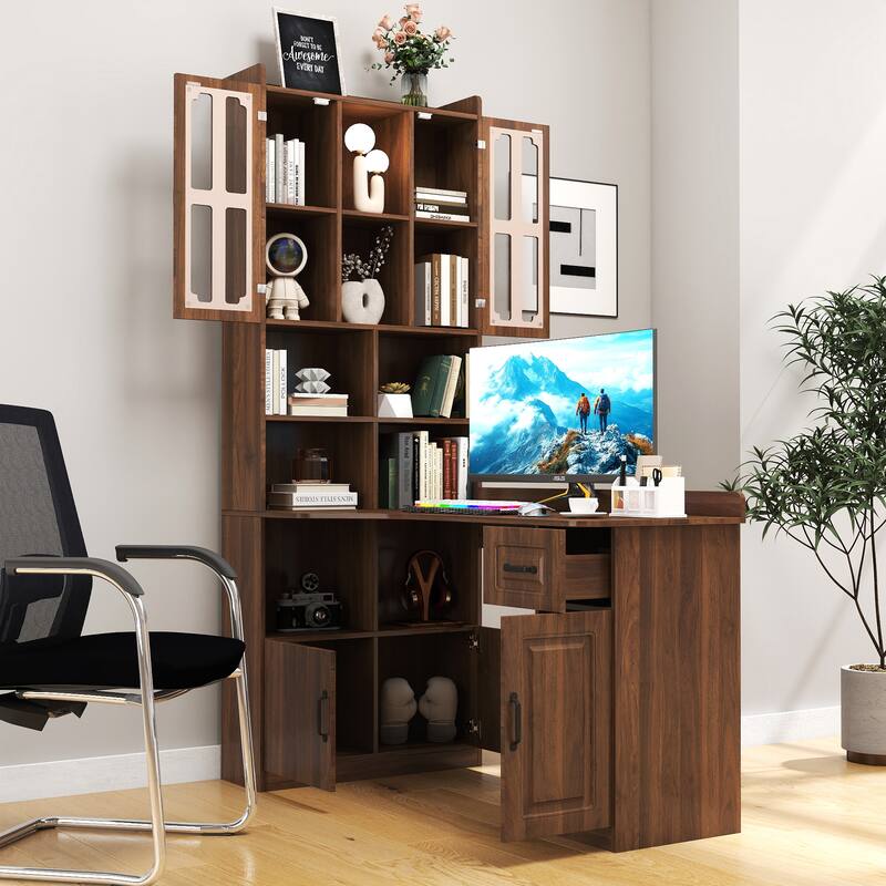 L-Shaped Corner Computer Desk for Home Office or Study desk, Study Modern Style Table with Drawers, Bookshelf & Hutch