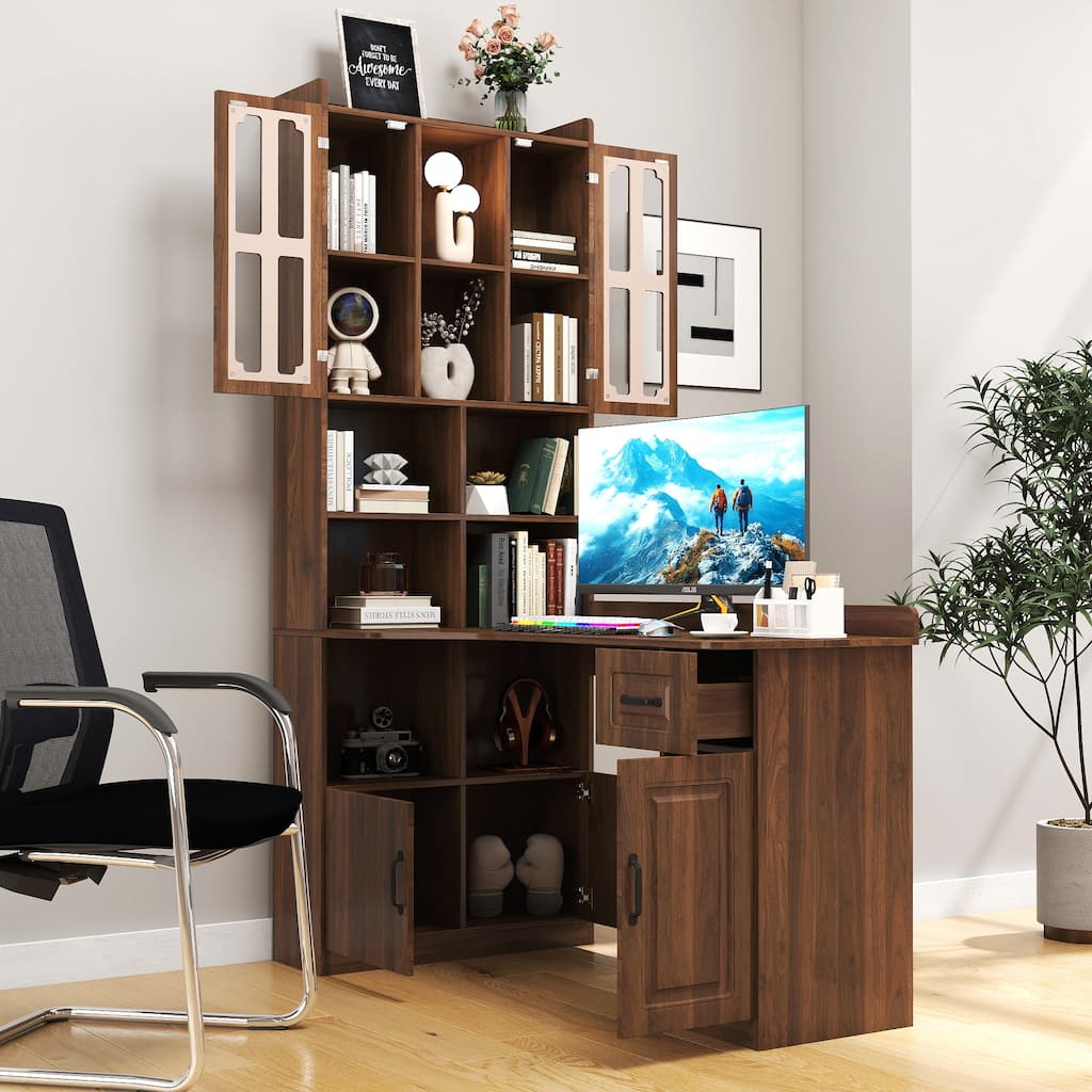 L-Shaped Corner Computer Desk with Hutch - 2-in-1 Home Office Desk with Drawers & Bookshelf, Large Work Surface