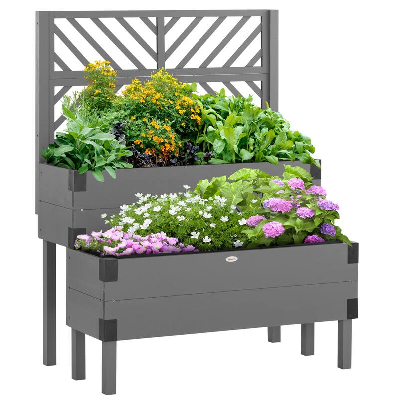 Countryside Style Wooden Elevated Planter Garden Bed with 2 Trellis Tier, Legs and Metal Corners, for Vegetables Flowers Herbs - Grey