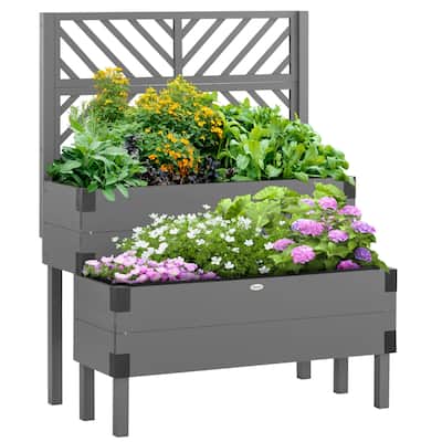 Countryside Style Wooden Elevated Planter Garden Bed with 2 Trellis Tier, Legs and Metal Corners, for Vegetables Flowers Herbs