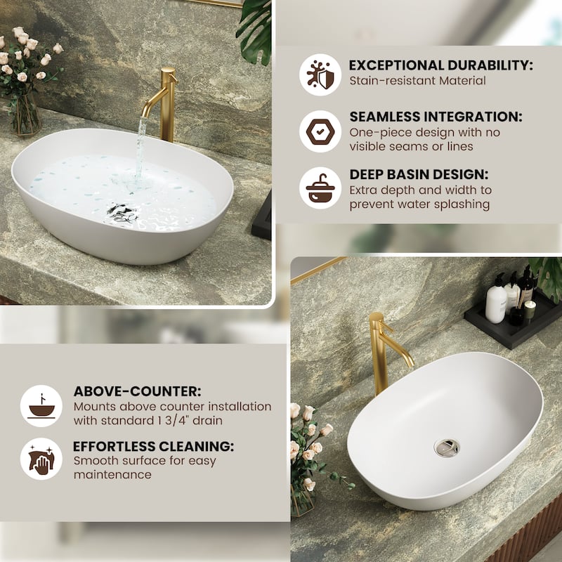 Solid Surface Vessel Bathroom Sink with Pop-Up Drain and Drain Hose, Modern Above Counter Wash Basin with Center Drain