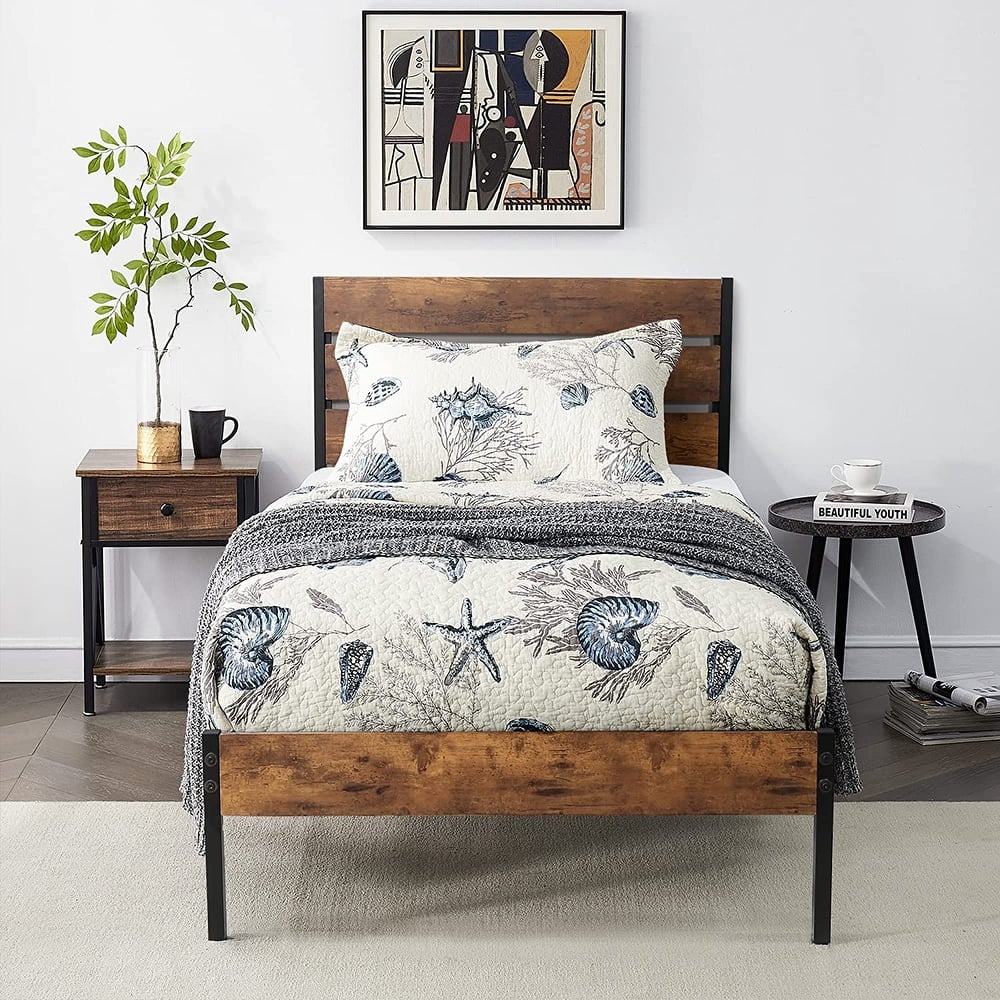 Twin Size Metal Platform Bed Frame with Headboard and and Footboard, No Box Spring Needed Sturdy Wooden Slats Support