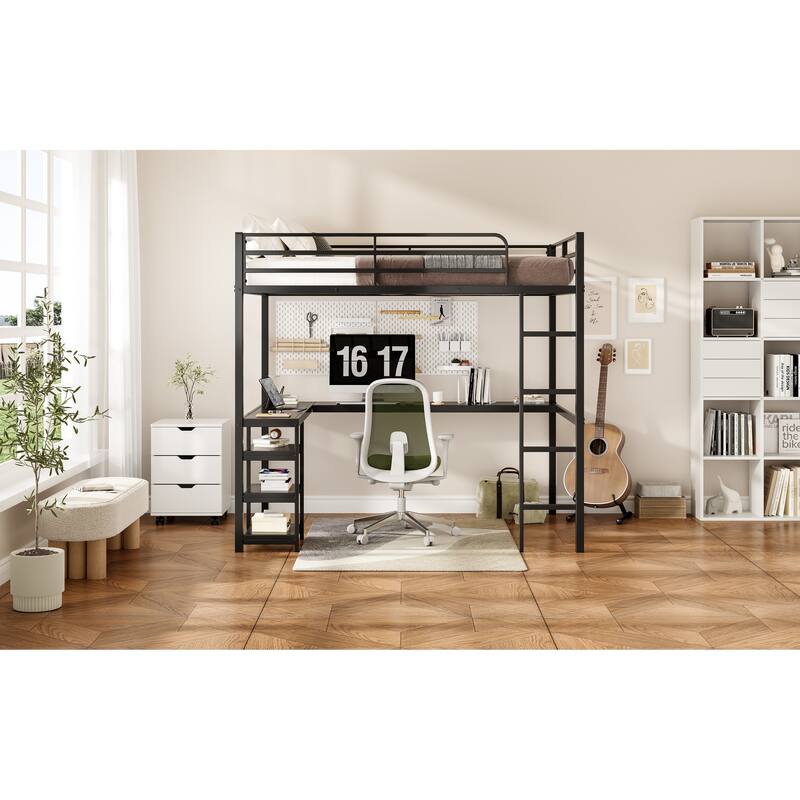 Full Size Loft Bed with L-Shaped Desk, Open Shelves, and Safety Guardrails, Heavy Duty Metal Frame, Black