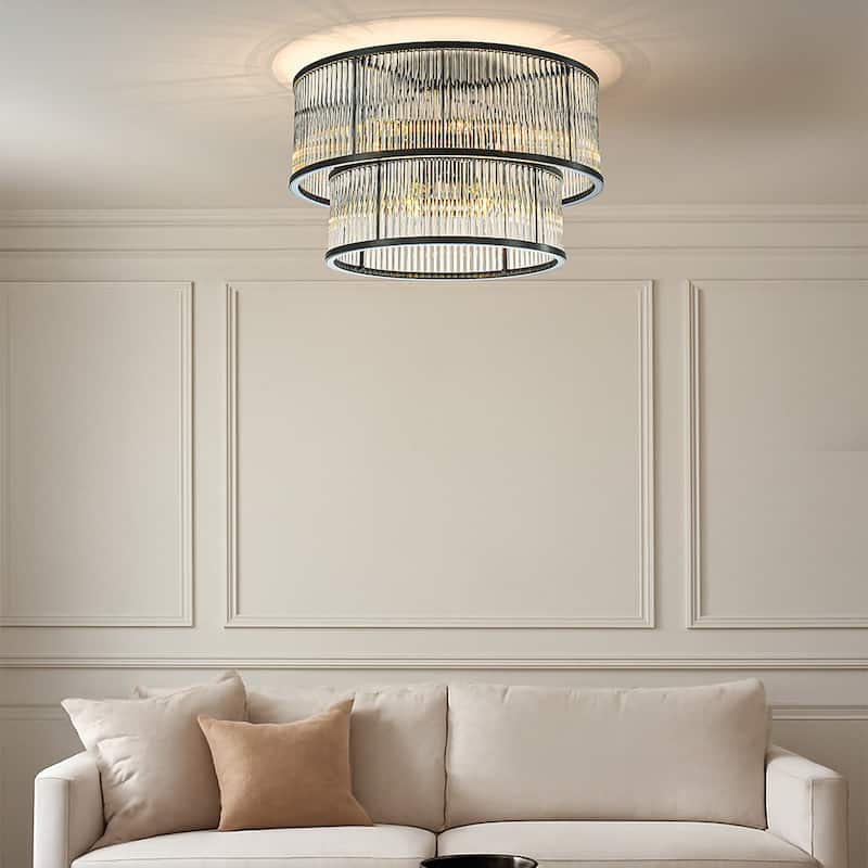 Modern Glam Black / Antique Bronze 4/10-Light Glass Drum Flush Mount Contemporary Ceiling Light For Living Room Entryway - W21'' - Matte Black