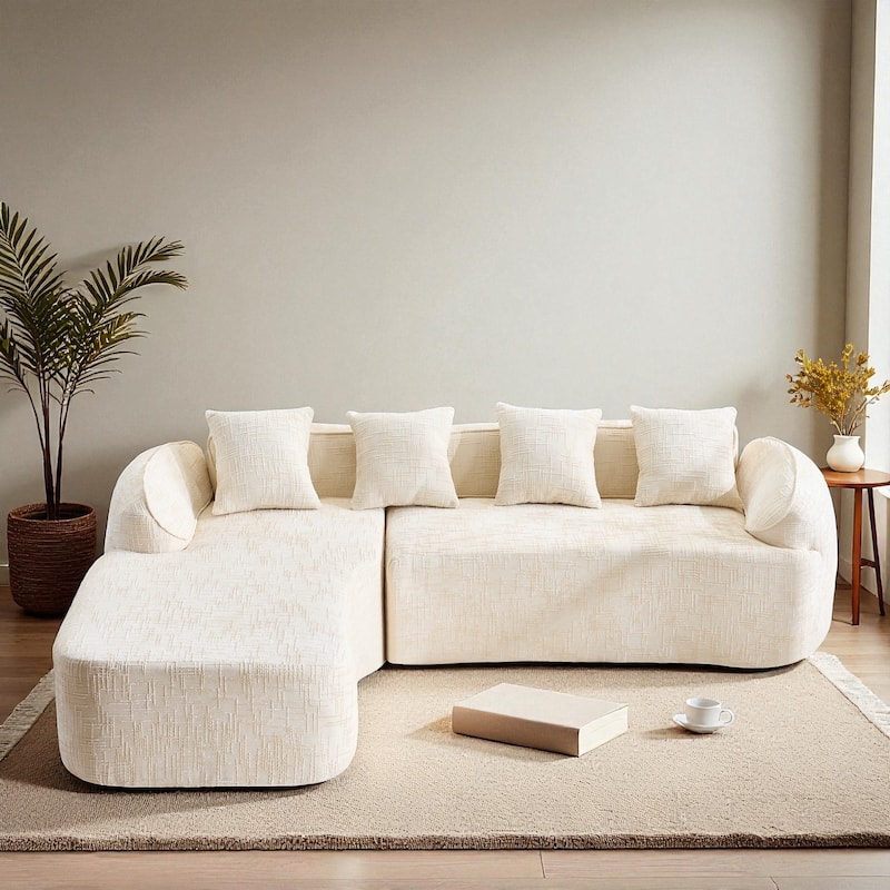 Chenille L-Shaped Compressed Sofa, 4-Seat Sectional Couch with Curved Armrests, High-Elastic Sponge & 4 Throw Pillows