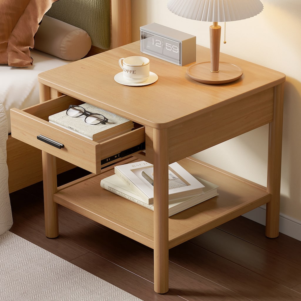 Simple Design End Table With 1 Drawer, High-Quality Solid Wood Frame, Natural Color