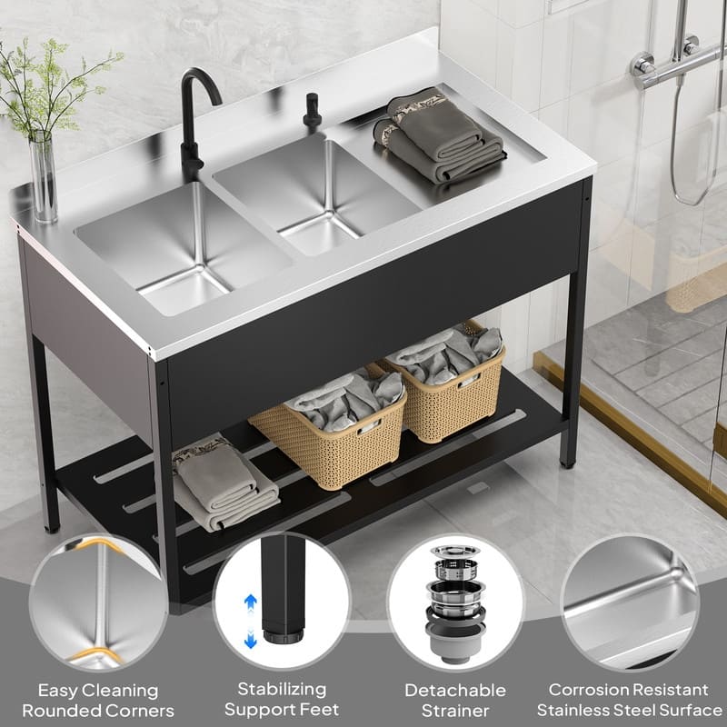 47.5 In.Heavy-Duty Freestanding Stainless Steel Double Bowl Utility Sink With Faucet