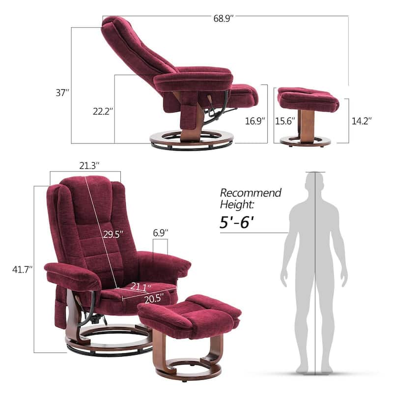 Mcombo Recliner Chair with Ottoman, Fabric Accent Chair with Vibration Massage, Swivel Chair with Wood Base, for Room 9099
