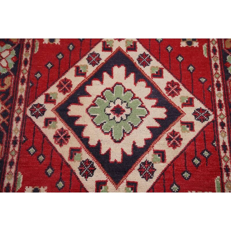 Geometric Red Kazak Oriental Foyer Rug Handmade Wool Carpet - 3'1" x 5'0"