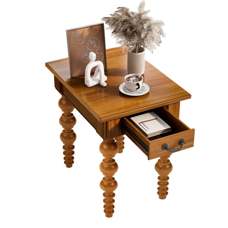 Retro 24" Solid Wood End Table with Drawer Easy Assembly Vintage Narrow Sofa Side Table for Living Room