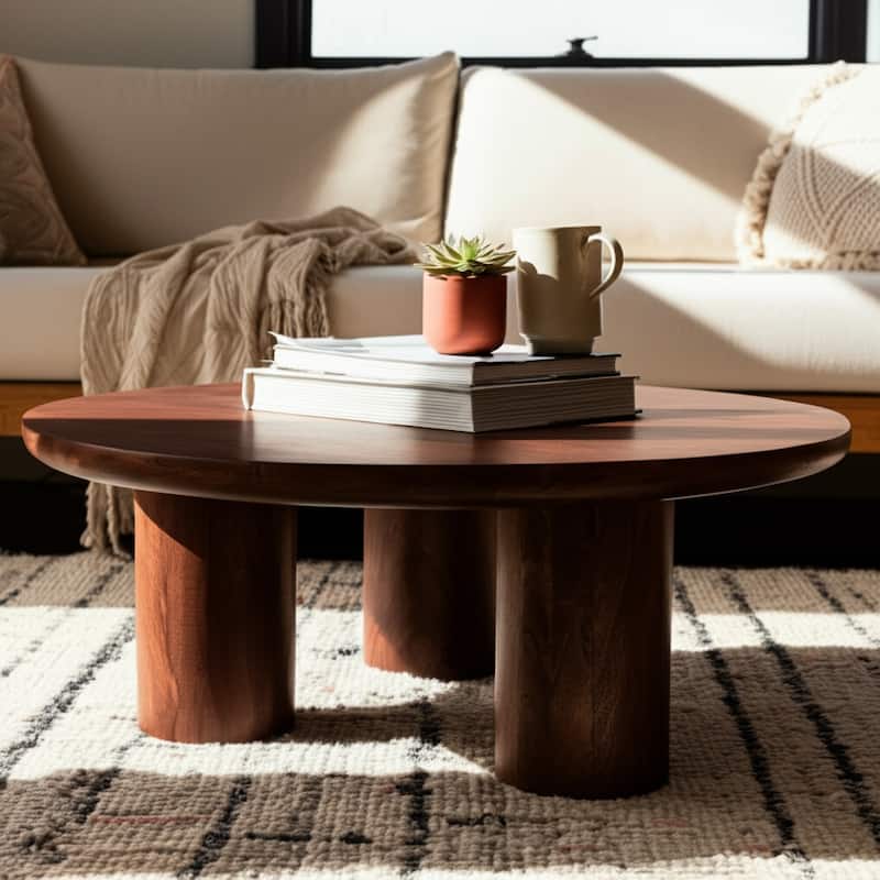 Round Natural Wood Coffee Table Modern Design Solid Cylindrical Legs