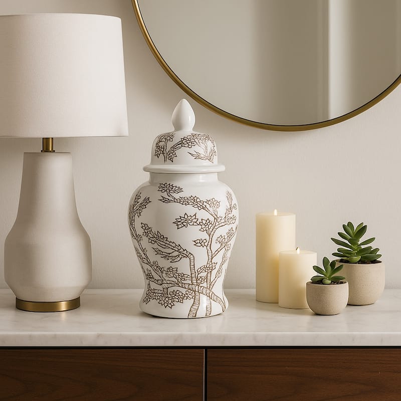 Decorative Ceramic Cherry Blossom Temple Jar with Lid - White & Brown