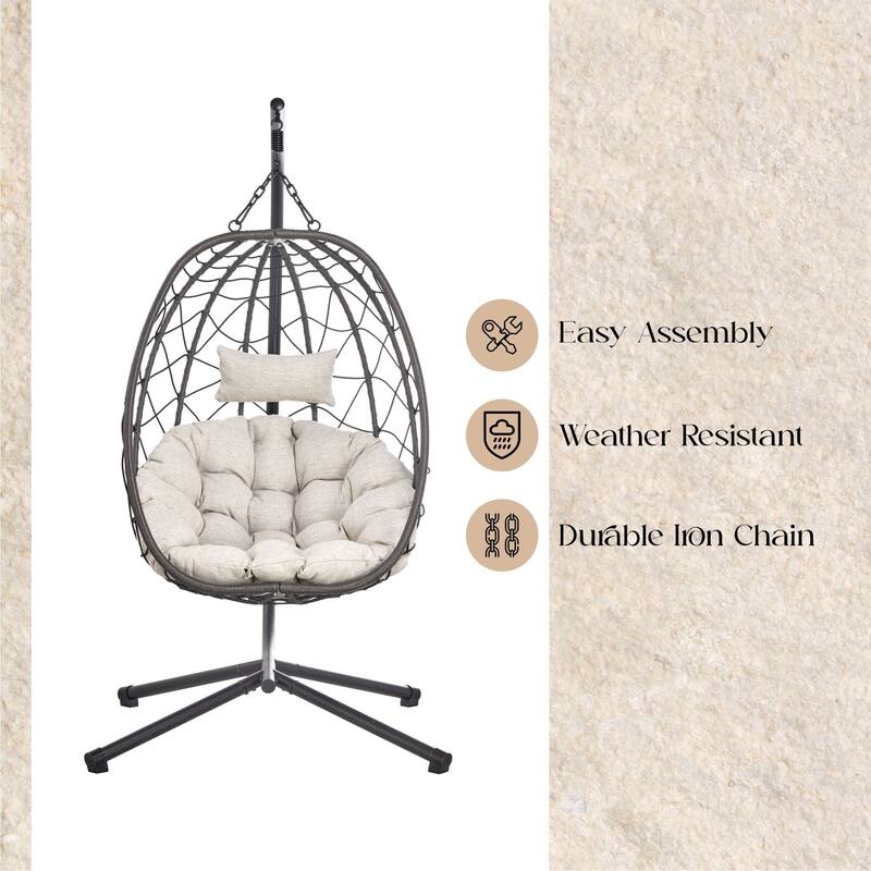 Summit Hanging Egg Swing Chair with Foldable Shell for Patio Balcony Backyard Garden Porch Home Office