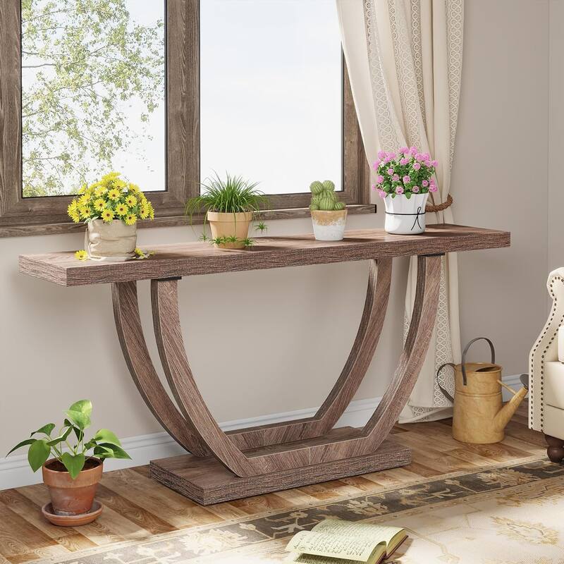 63 Inches Brown Wood Console Table with Geometric Base for Living Room