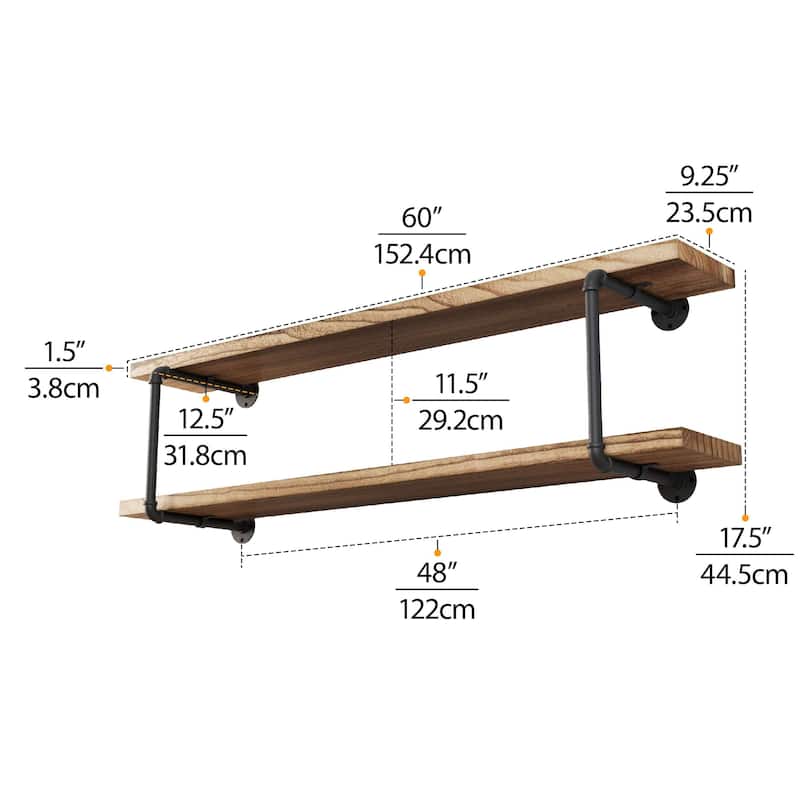 Wallniture 60"x 9.25" Industrial Pipe Shelf, Wood Wall Shelves, Floating Bookshelves for Wall, Burnt, 2 Tier