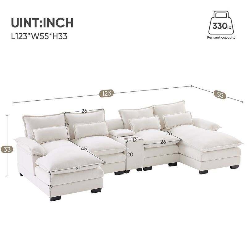 123"W modern u-shaped living room upholstered sofa with console, cup holders and USB ports