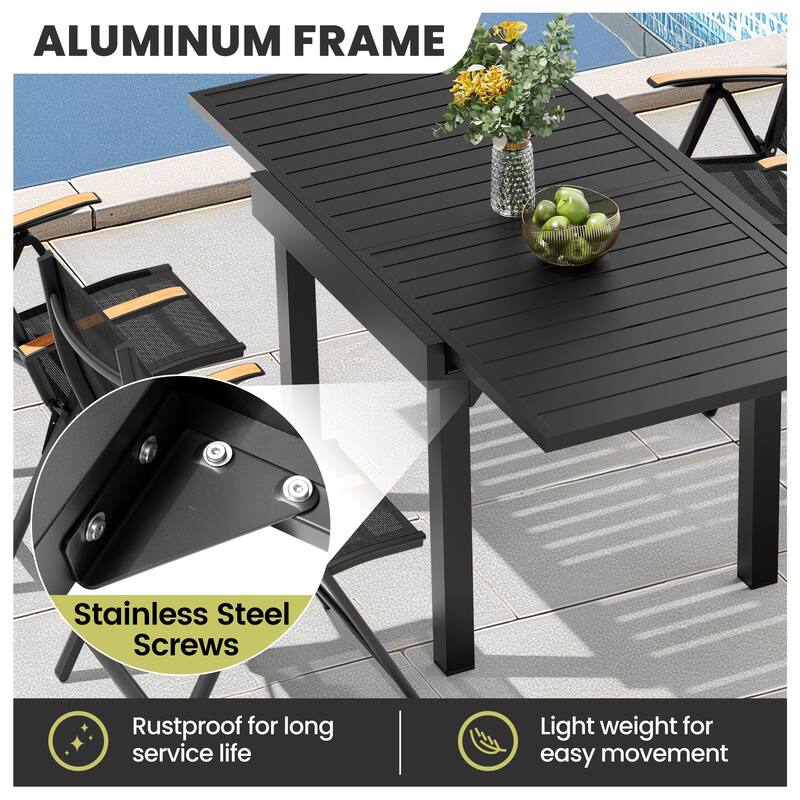 5/7/11-Piece Outdoor Patio Dining Set Aluminum Expandable Rectangular Dining Table with Adjustable Back Folding Chairs