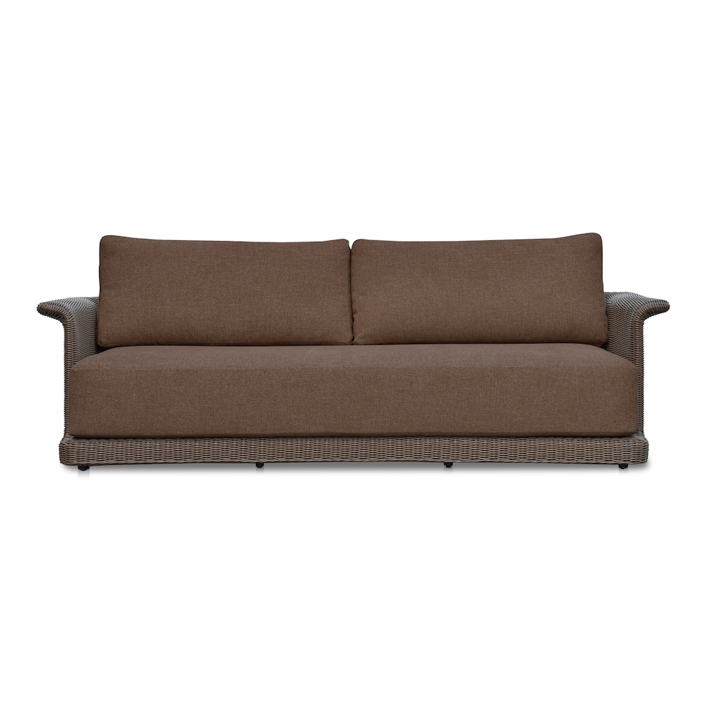 NADAAL STUDIOS Mareth Sofa, Tulip-Shaped Wicker Seat with Cushioned Upholstery, Aluminum Frame, Brown - Seats 3