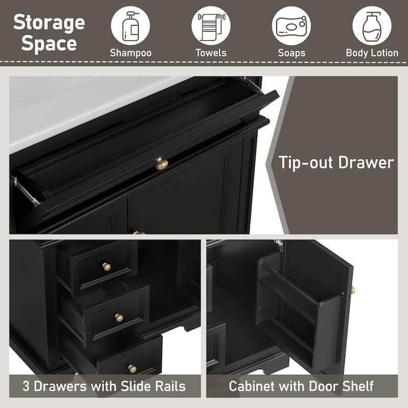 30" Bathroom Vanity with Sink, Tip-Out Drawer, Three Drawers, Door Shelf