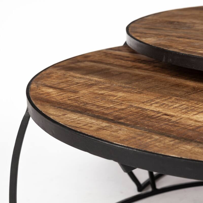 Clapp I Medium Brown Solid Wood Top with Black Iron Base Nesting Coffee Tables - 41"L x 41"W x 19"H