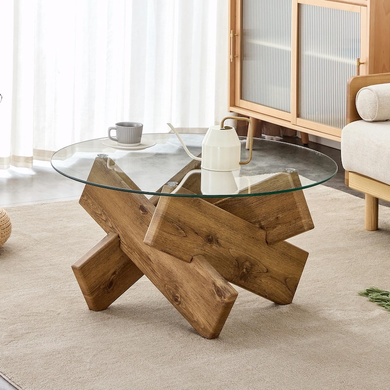 Modern 33.4-Inch Circular Glass Coffee Table with Distinctive Design