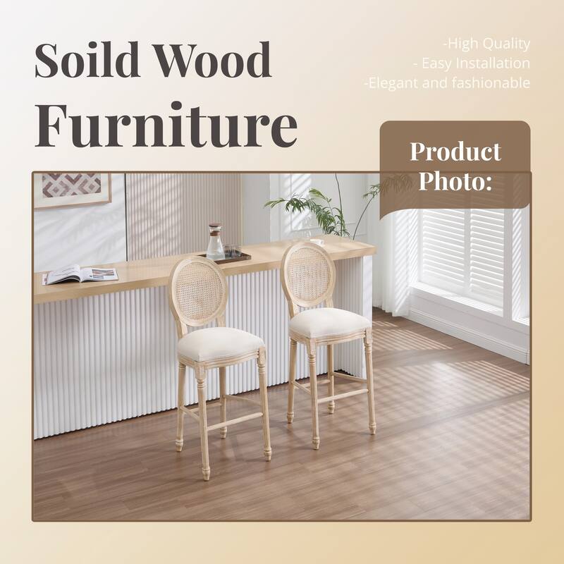 French Country Upholstered Bar Chairs with Rattan Round Back(Set of 2)