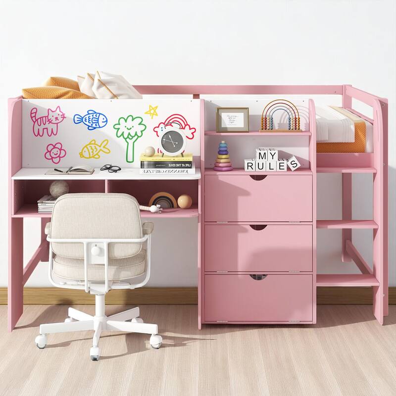 Full Loft Bed with Built-in Desk, Bookshelf, Storage Cabinets, Ladder and Whiteboard, Space-Saving Design - Pink - Full