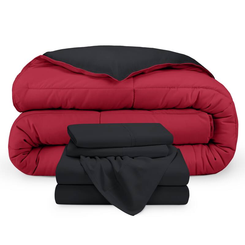 Bare Home Down Alternative Reversible Bed-in-a-Bag - Black/Red, Sheets: Black - King