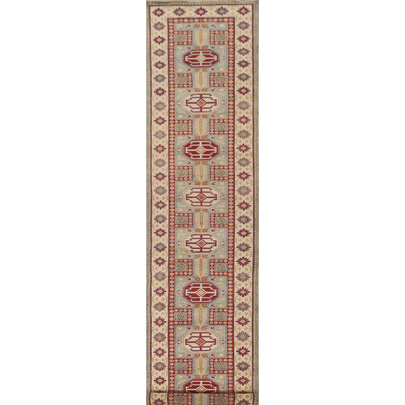Geometric Kazak Runner Rug Handmade Traditional Blue Wool Carpet - 2'8" x 13'6"